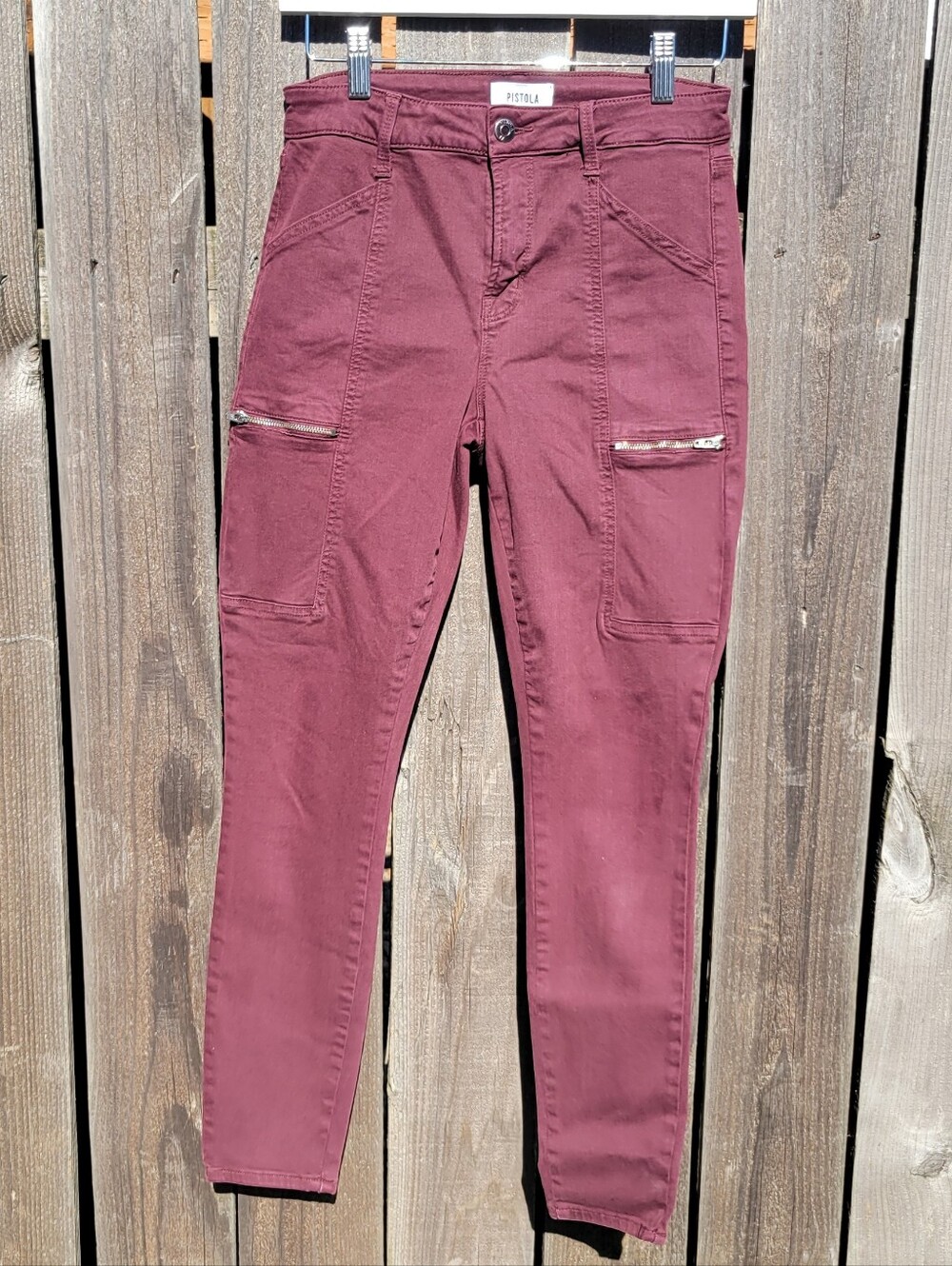 Pistola Hannah Cargo Skinny Pants Burgundy Eggplant Zip Pockets Utility Sz 27‎